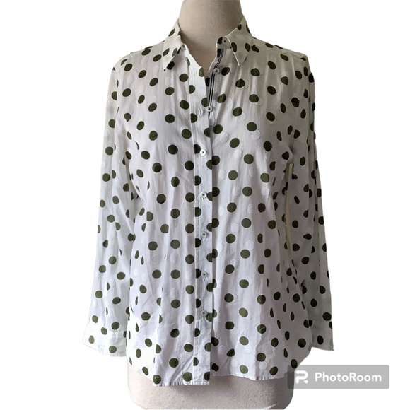 Talbots Green and White Polka Dot Button Down Shirt Petite - Picture 1 of 5